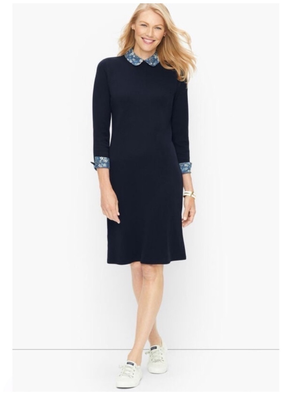 Talbots sz Medium navy blue cotton midi dress contrast roll cuff floral print